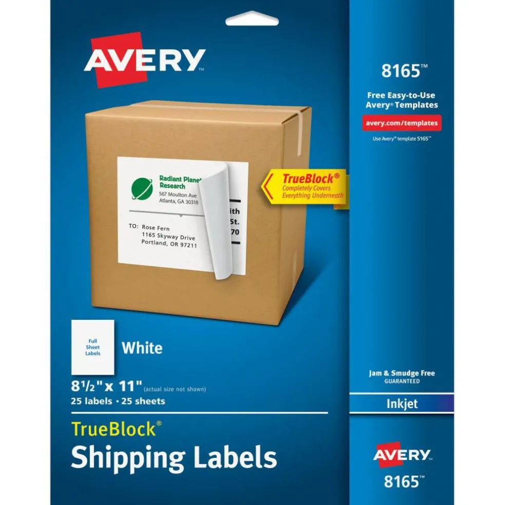 Avery Full-Sheet Printable Shipping Labels, 8.5" x 11" Customizable Stickers, White, 25 Blank Mailing Labels (8165)
