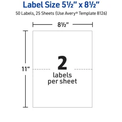 Avery Half-Sheet Printable Shipping Labels, 5.5" x 8.5" Customizable Stickers, White, 50 Blank Mailing Labels, Great for Mailing, Shipping, Organizing, and More (8126)