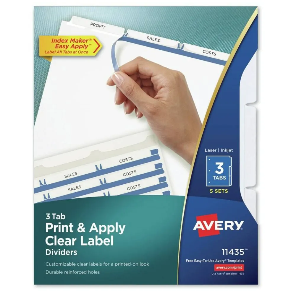 Avery Index Maker 11 in. x 8.5 in. 3-Tab Print and Apply Clear Label Dividers - White/White Tabs (5/Pack)
