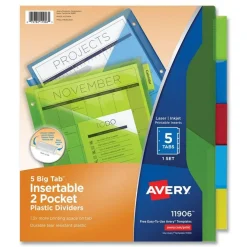 Avery Insertable 5-Tab 11-1/8 in. x 9-1/4 in. Big Tab Plastic Dividers with Two Pockets - Multicolor (1-Set)