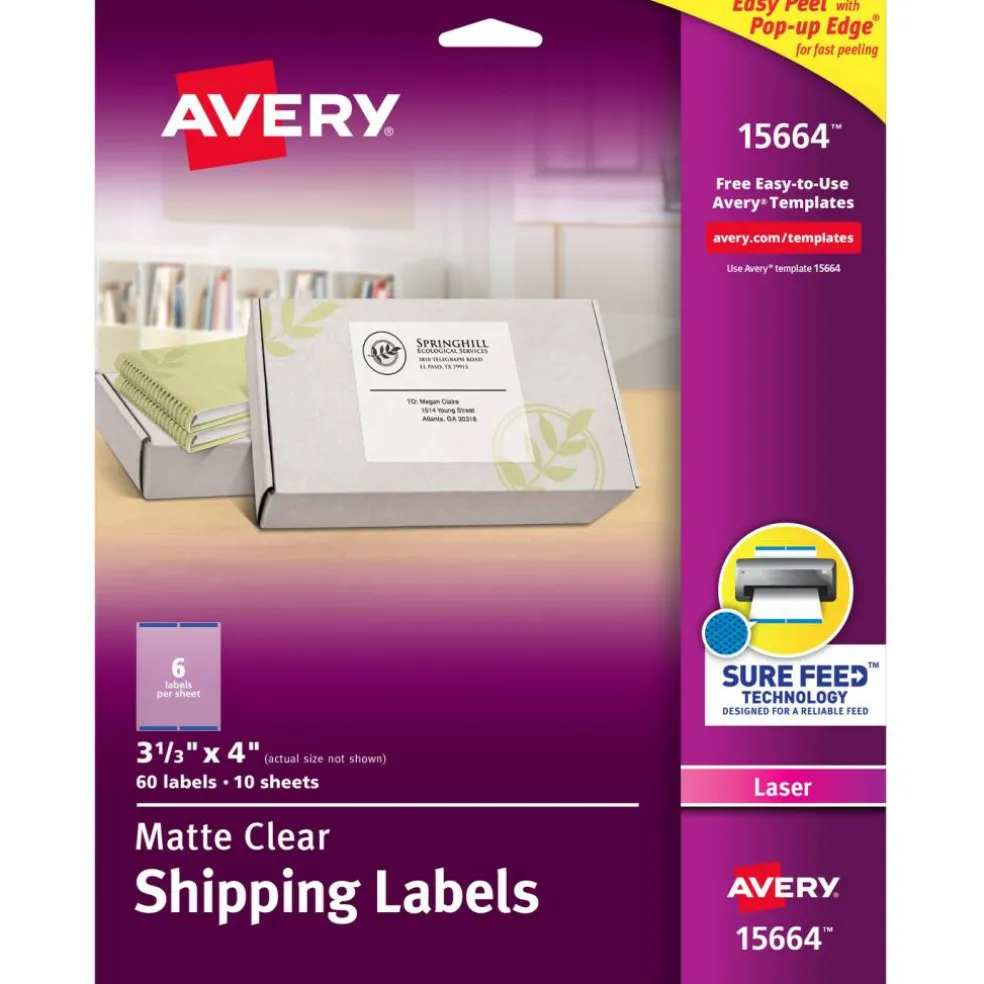 Avery Matte Clear Shipping Labels, Sure Feed Technology, Laser, 3-1/3" x 4", 60 Labels (15664)
