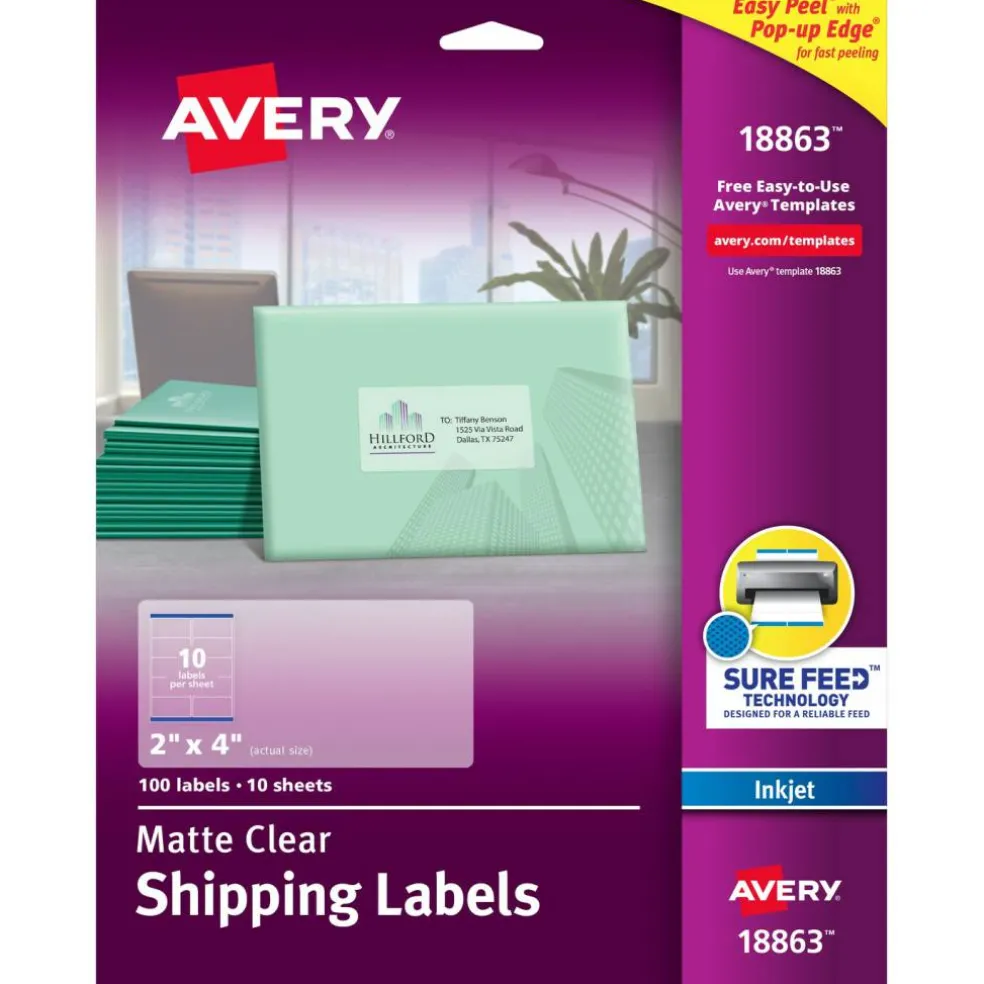 Avery Matte Clear Shipping Labels, Sure Feed Technology, Inkjet, 2" x 4", 100 Labels (18863)