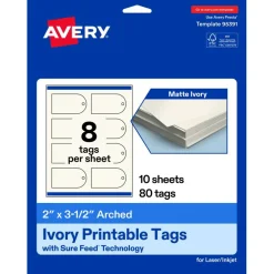 Avery Printable Arched Printable Tags, Sure Feed Technology, 2" x 3-1/2", Matte Ivory Cardstock, Print-to-The-Edge, Laser/Inkjet Printable, 80 Total