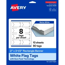 Avery Printable Banner Rectangle Flag Tags, Sure Feed Technology, 2" x 3-1/2", Matte White Cardstock, Print-to-The-Edge, Laser/Inkjet Printable, 80 Total