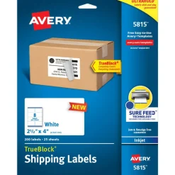 Avery Printable Blank Shipping Labels, 2.5" x 4", White, 200 Labels, Inkjet Printer, Permanent Adhesive (5815)