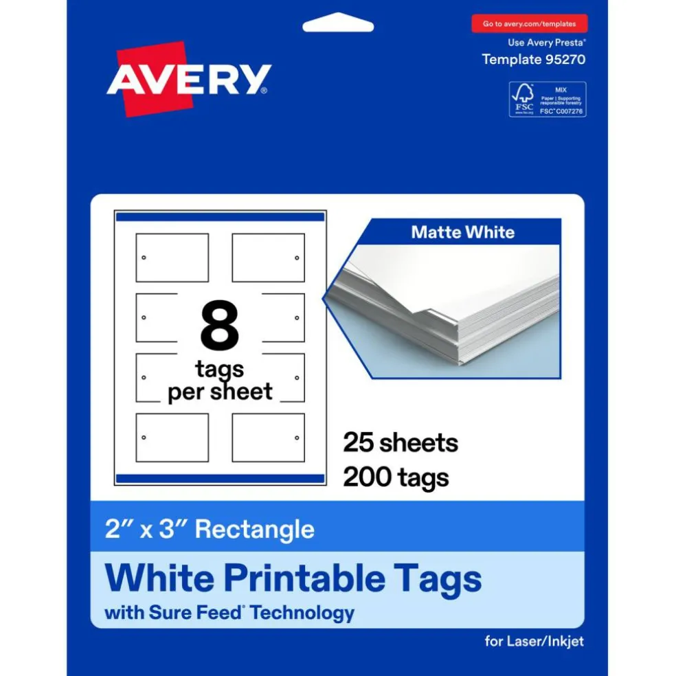 Avery Printable Matte White Tags with Strings, 2" x 3" Rectangle