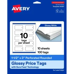 Avery Printable Perforated Rounded Rectangle Price Tags, Sure Feed Technology, 1-1/2" x 3", Glossy White Cardstock, Print-to-The-Edge, Laser/Inkjet Printable, 100 Total