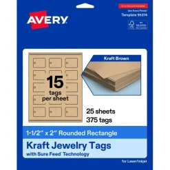 Avery Printable Rounded Rectangle Jewelry Tags, Sure Feed Technology, 1-1/2" x 2", Matte Kraft Brown Cardstock, Print-to-The-Edge, Laser/Inkjet Printable, 150 Total