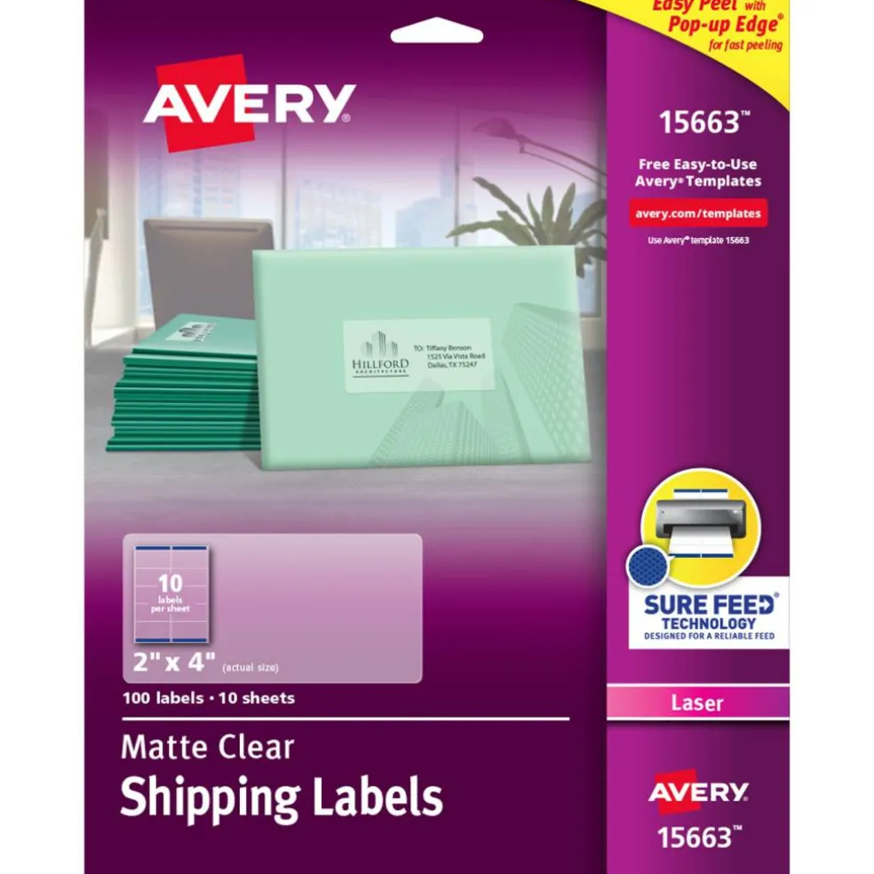 Avery Printable Shipping Labels with Sure Feed, 2" x 4", Matte Clear, 100 Blank Mailing Labels (15663)