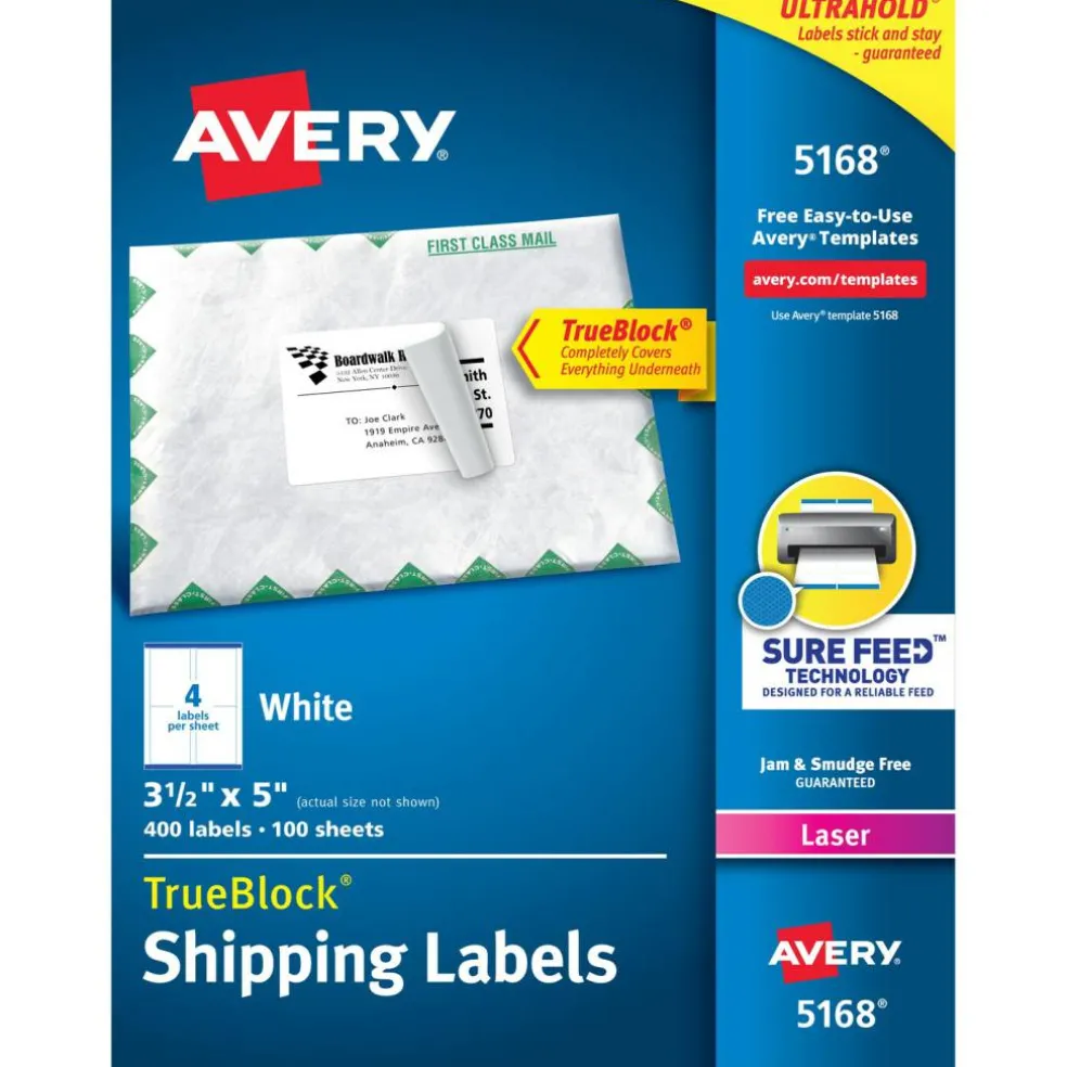 Avery Printable Shipping Labels with Sure Feed, 3-1/2" x 5", White, 400 Blank Mailing Labels for Laser Printers (5168)
