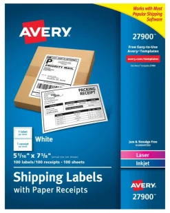 Avery Printable Shipping Labels with Paper Receipts, 5-1/16" x 7-5/8", White, 100 Blank Mailing Labels (27900)