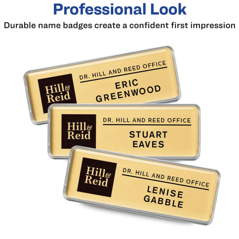 Avery Reusable Magnetic Professional Name Badge System, 1" x 3" Gold Name Tags, 10 Identification Badges, 80 Laser Printable Inserts, Design Software Included (71204)