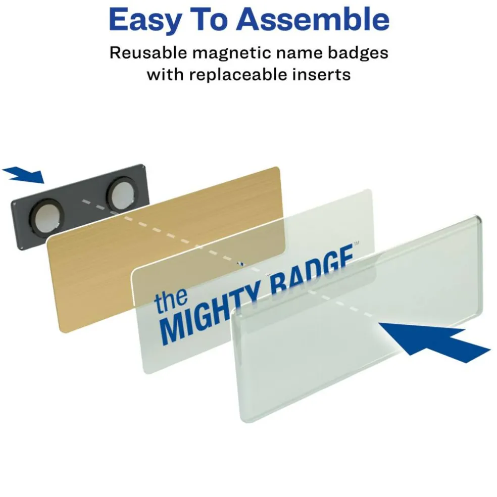Avery Reusable Magnetic Professional Name Badge System, 1" x 3" Gold Name Tags, 10 Identification Badges, 80 Laser Printable Inserts, Design Software Included (71204)