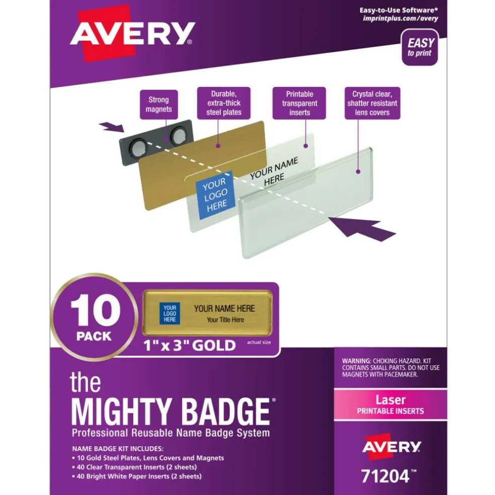 Avery Reusable Magnetic Professional Name Badge System, 1" x 3" Gold Name Tags, 10 Identification Badges, 80 Laser Printable Inserts, Design Software Included (71204)