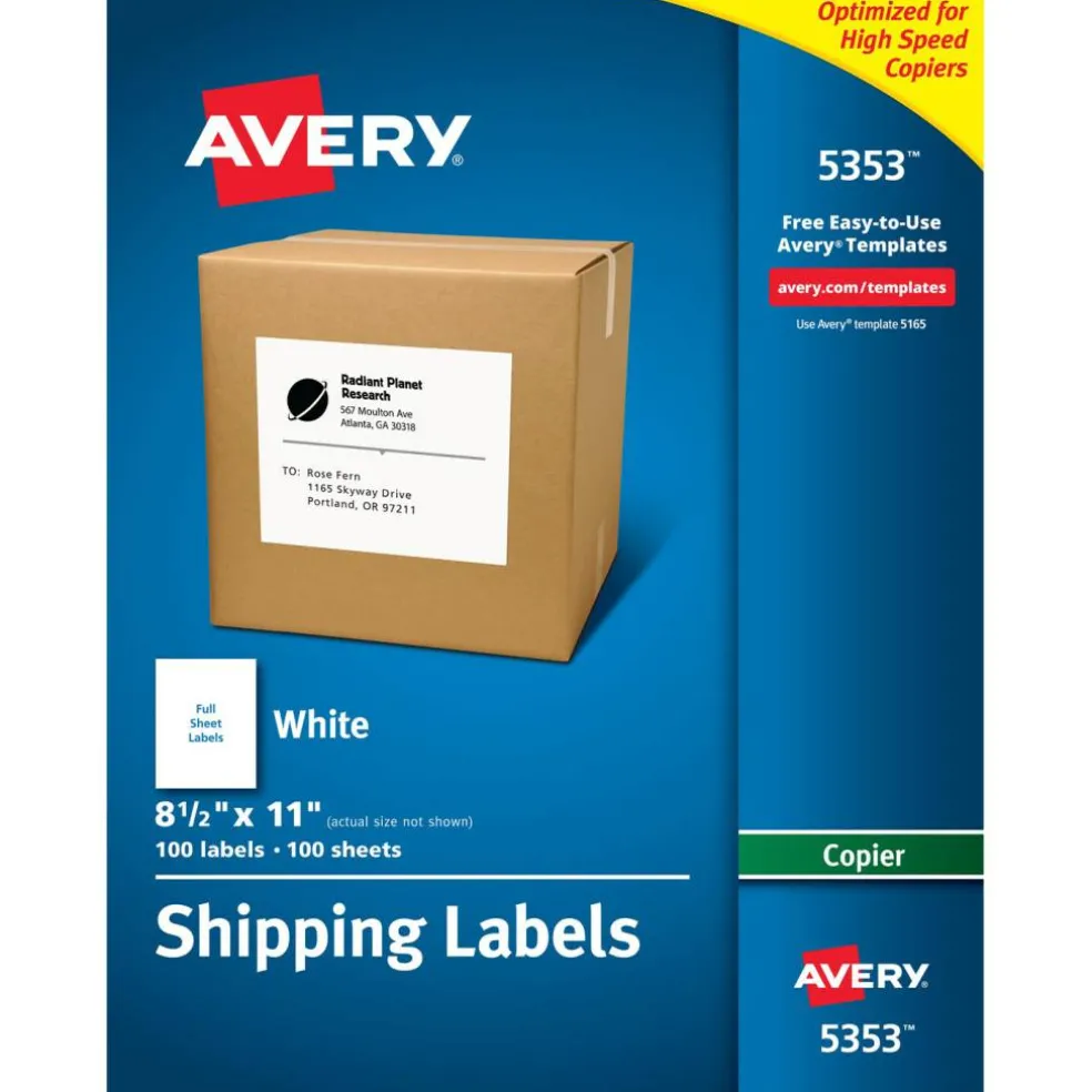 Avery Shipping Labels for Copiers, 8-1/2" x 11", 100 White Labels (5353)