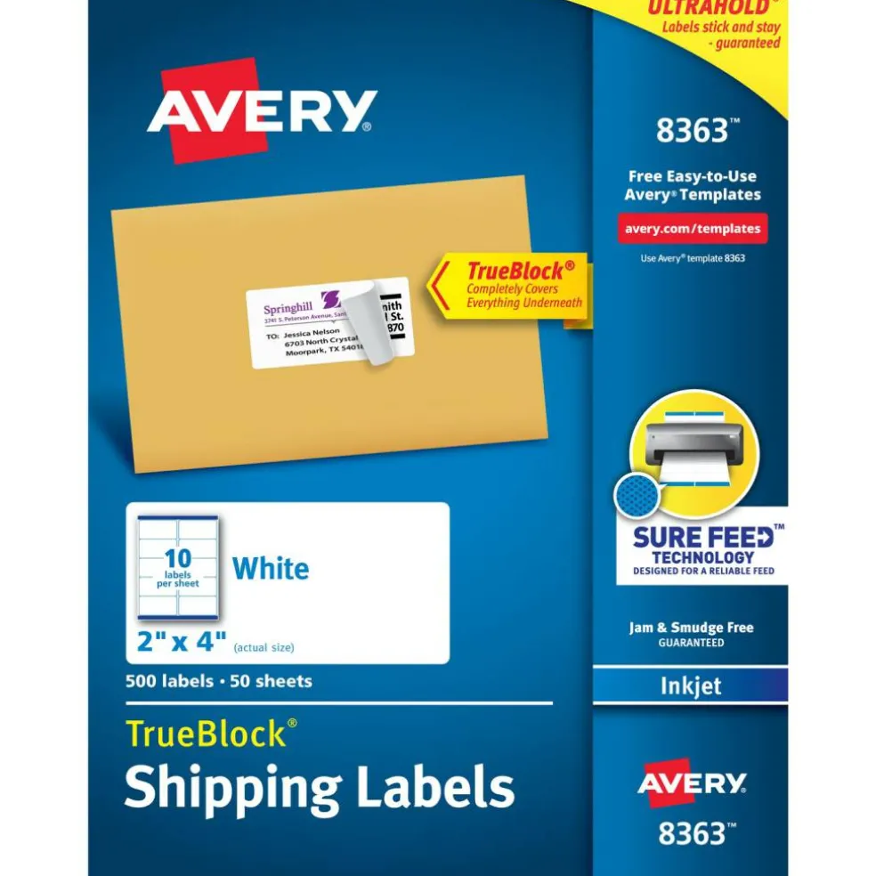 Avery TrueBlock Shipping Labels, Sure Feed Technology, Permanent Adhesive, 2" x 4", 500 Labels (8363)