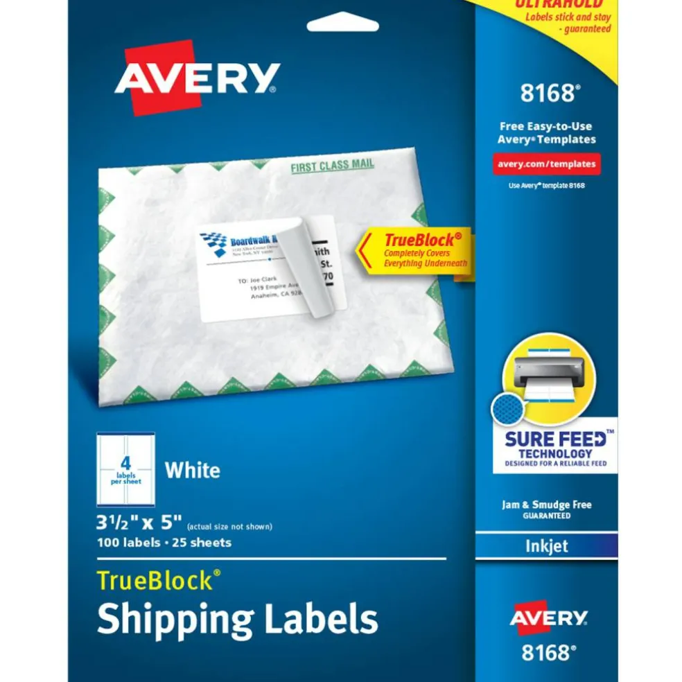 Avery TrueBlock Shipping Labels, Sure Feed Technology, Permanent Adhesive, 3-1/2" x 5", 100 Labels (8168)