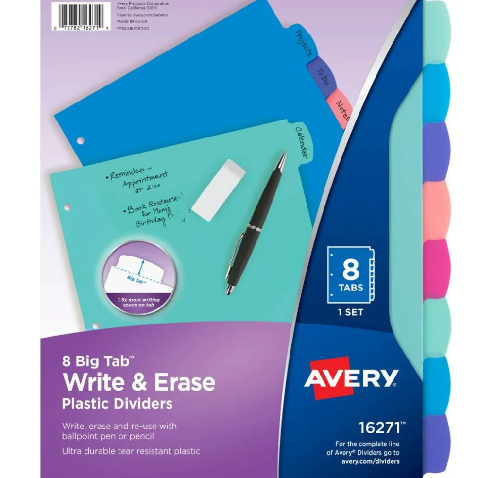 Avery Write & Erase Dividers for 3 Ring Binders, 8 Tabs per Set, Multicolor Big Tabs, Pastels, Binder Dividers Great for Organizing Reports, Projects, and More (16271)