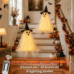 AYGXU 2pcs Halloween Decorations Indoor,Ghost Decor with String Lights Remote Control,Halloween Party Decorations,Spooky Ghost Light for Home Table Room Kitchen Office
