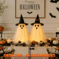 AYGXU 2pcs Halloween Decorations Indoor,Ghost Decor with String Lights Remote Control,Halloween Party Decorations,Spooky Ghost Light for Home Table Room Kitchen Office