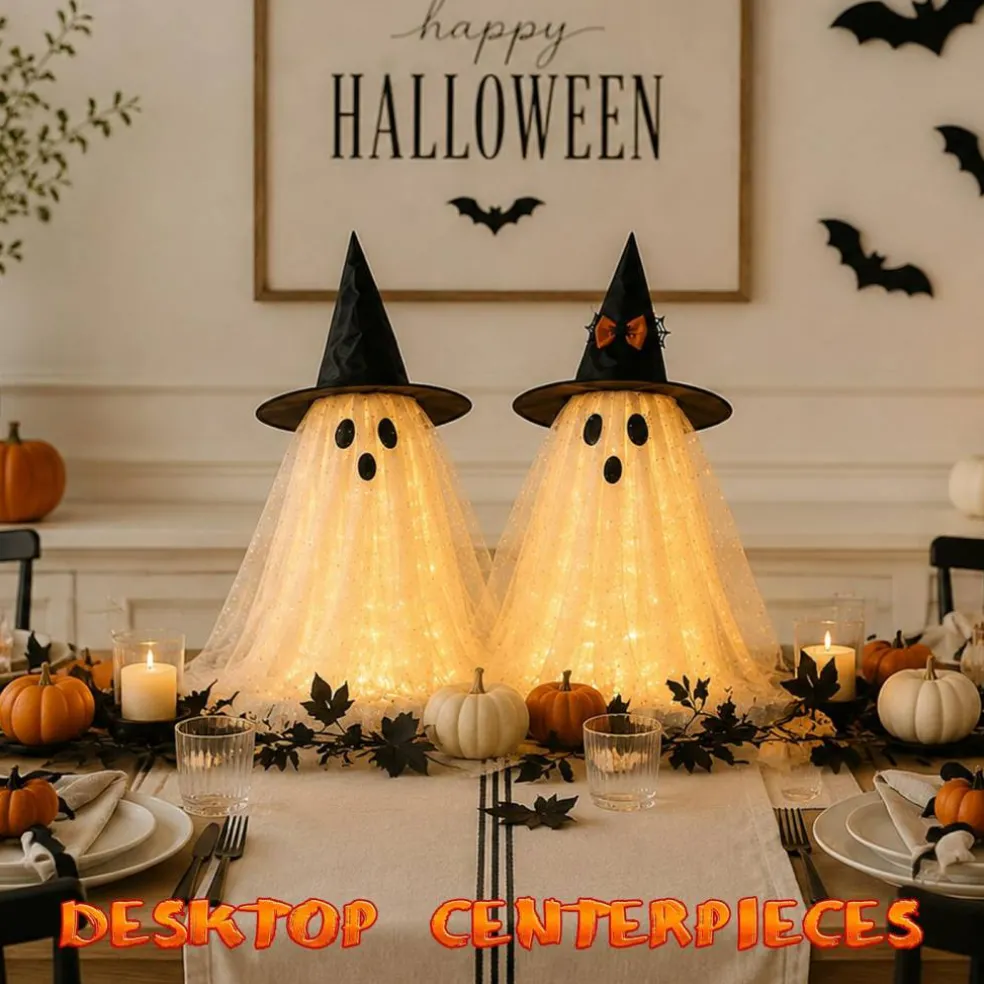 AYGXU 2pcs Halloween Decorations Indoor,Ghost Decor with String Lights Remote Control,Halloween Party Decorations,Spooky Ghost Light for Home Table Room Kitchen Office