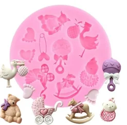 Baby Shower Fondant & Chocolate Mold – Teddy Bear, Stork, Rattle & Baby Carriage Set