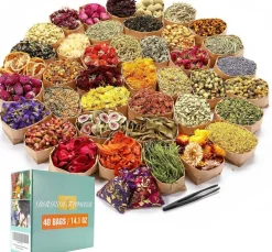 40 Bags Natural Dried Flowers & Herbs Kit, Assorted Botanical Craft Supplies with Mesh Bags & Tweezers for Resin Jewelry, Soap Making, Candle Décor, Bath Crafts, Nail Art & DIY Projects