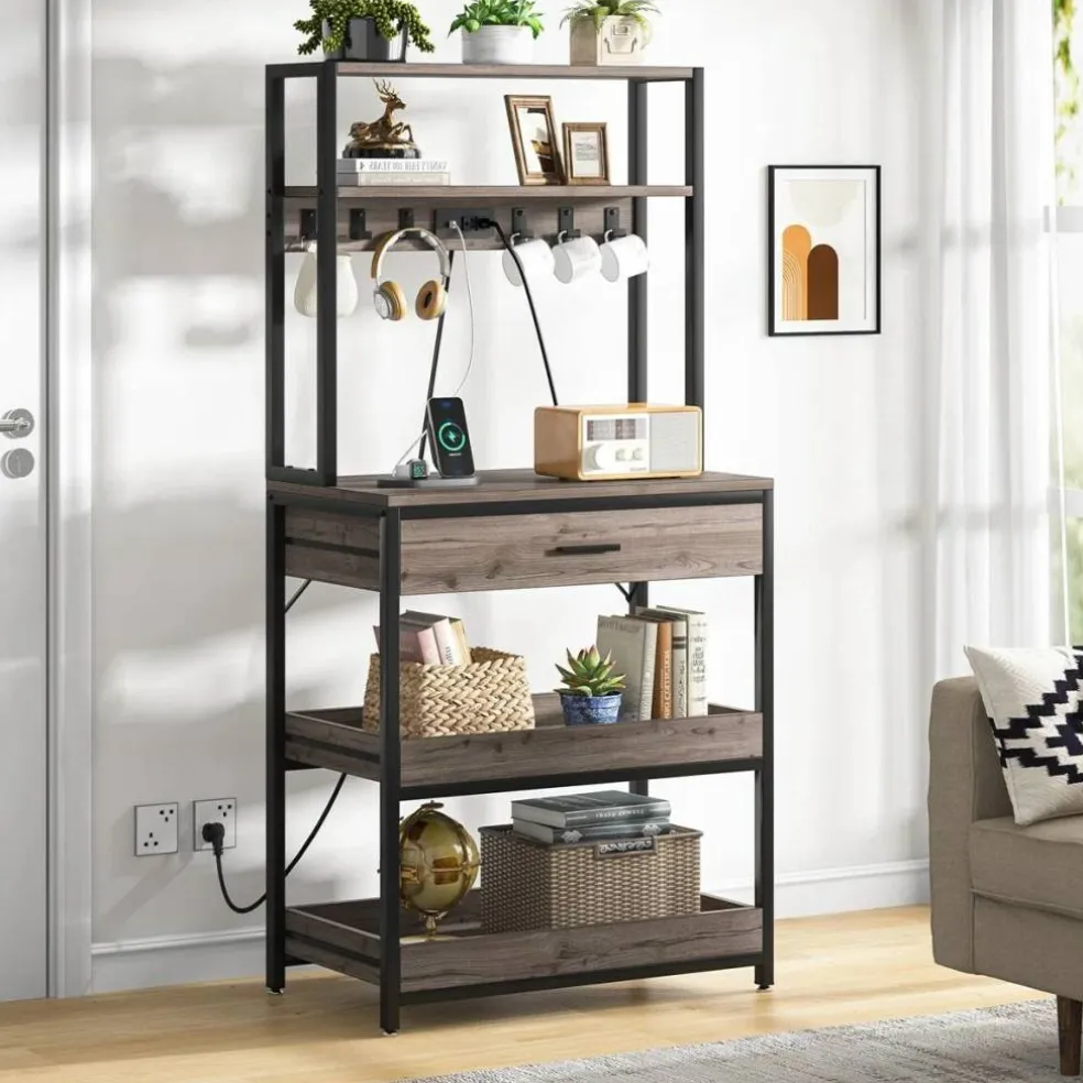 Baker’s Rack with Pull-Out Shelves and Drawer for Kitchen Storage
