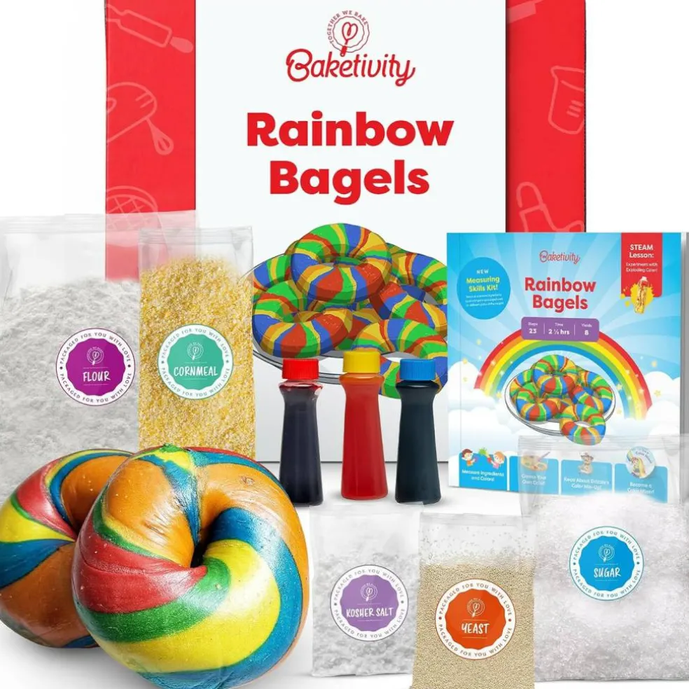 Baketivity Rainbow Bagel Kids Baking Kit - Pre-Measured Ingredients, Video Guide, STEM Learning Activity, Baking Kit for Kids Ages 6-12+