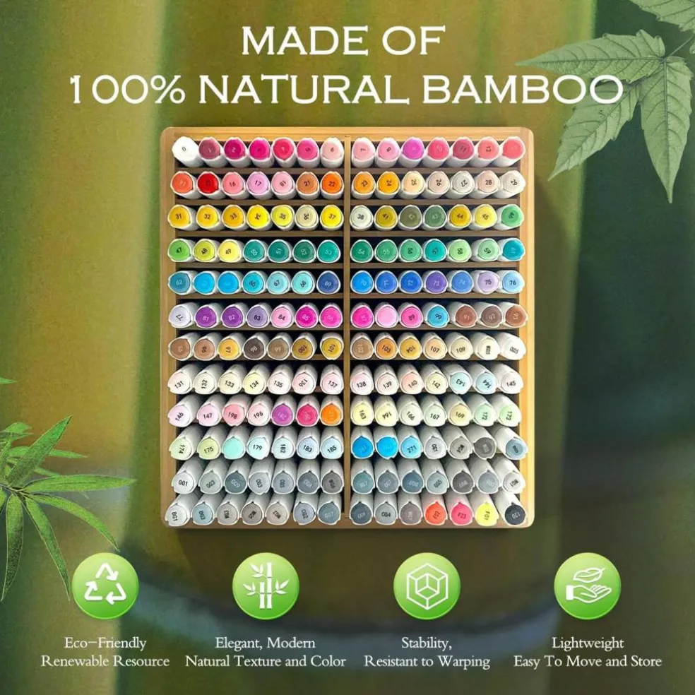 Bamboo Marker Organizer for 168 Markers – Wooden Desk Storage Rack with 24 Compartments for Alcohol Markers, Pens, Pencils & Art Brushes – Desktop Art Supply Holder for Home, Classroom & Office Organization