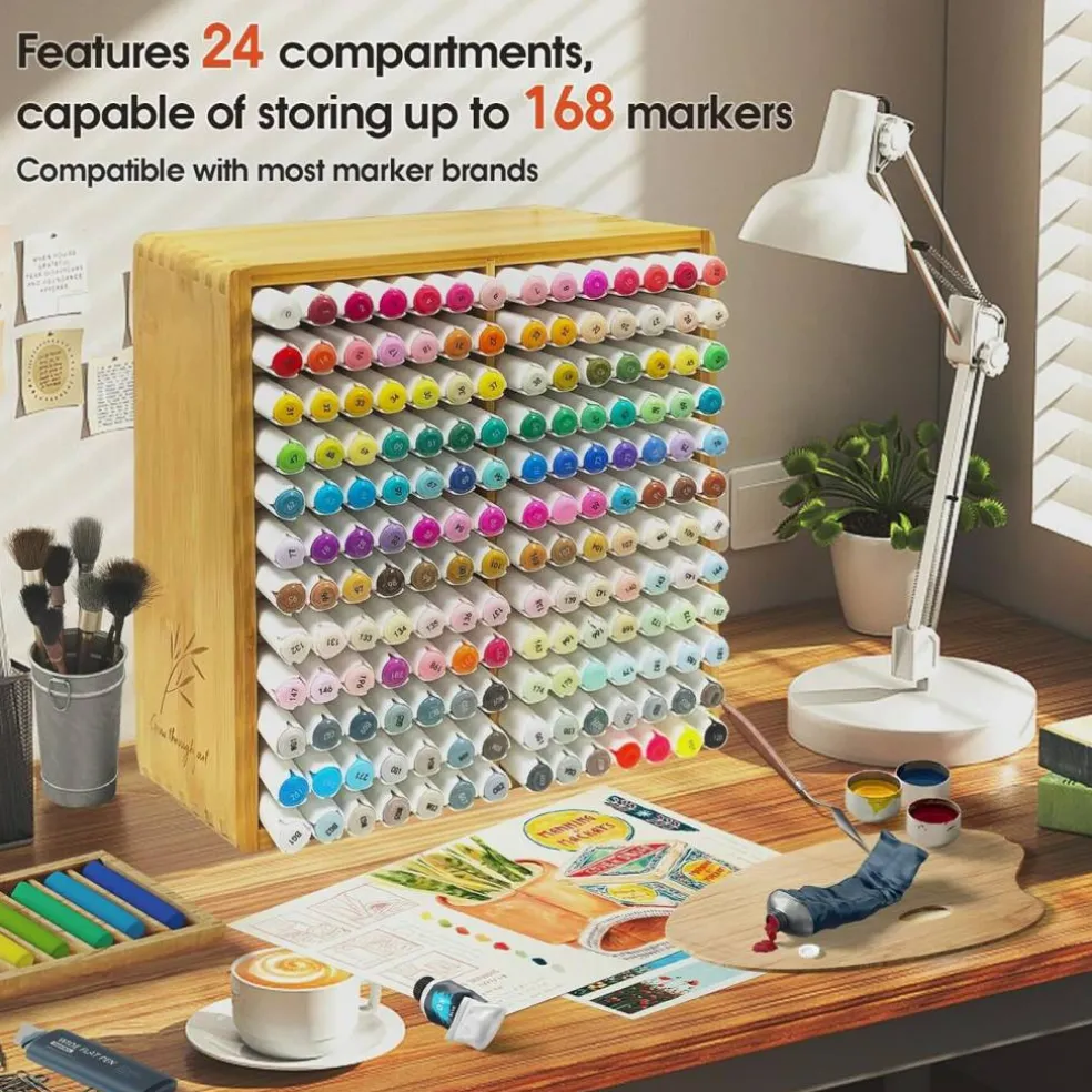 Bamboo Marker Organizer for 168 Markers – Wooden Desk Storage Rack with 24 Compartments for Alcohol Markers, Pens, Pencils & Art Brushes – Desktop Art Supply Holder for Home, Classroom & Office Organization