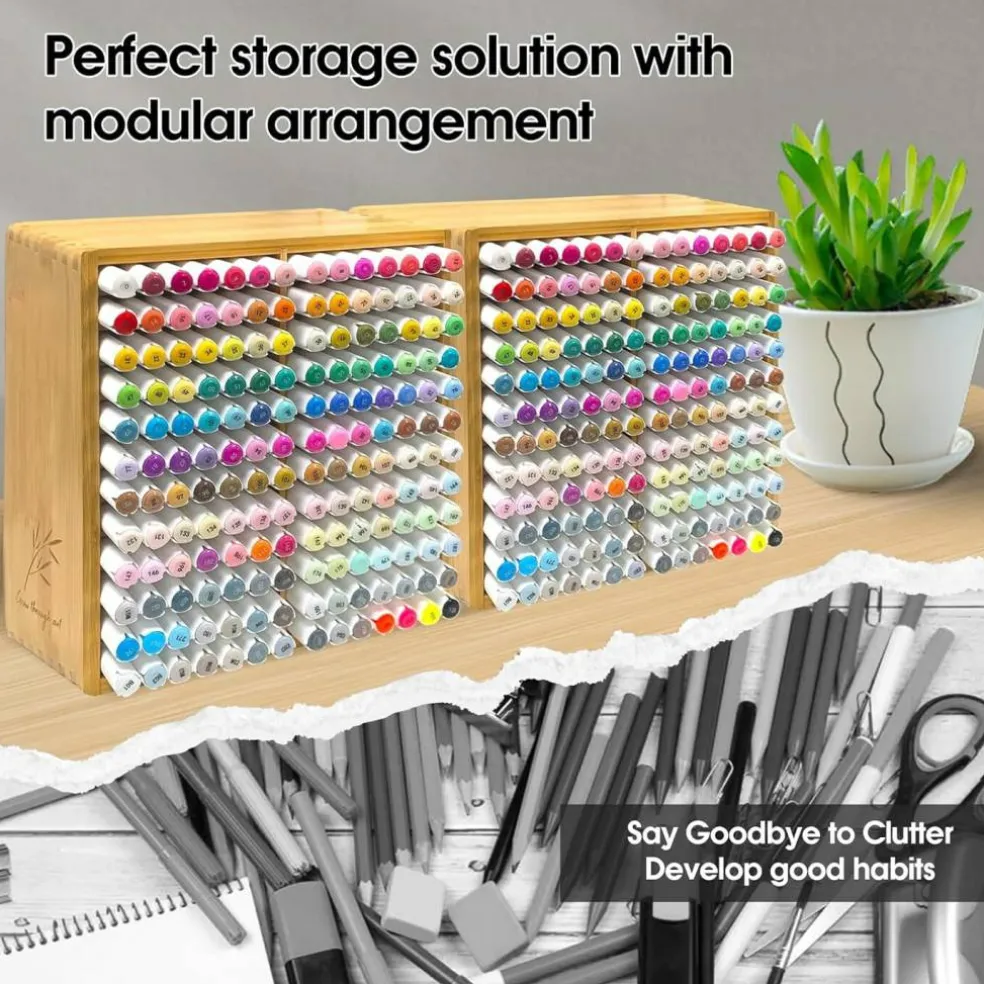 Bamboo Marker Organizer for 168 Markers – Wooden Desk Storage Rack with 24 Compartments for Alcohol Markers, Pens, Pencils & Art Brushes – Desktop Art Supply Holder for Home, Classroom & Office Organization