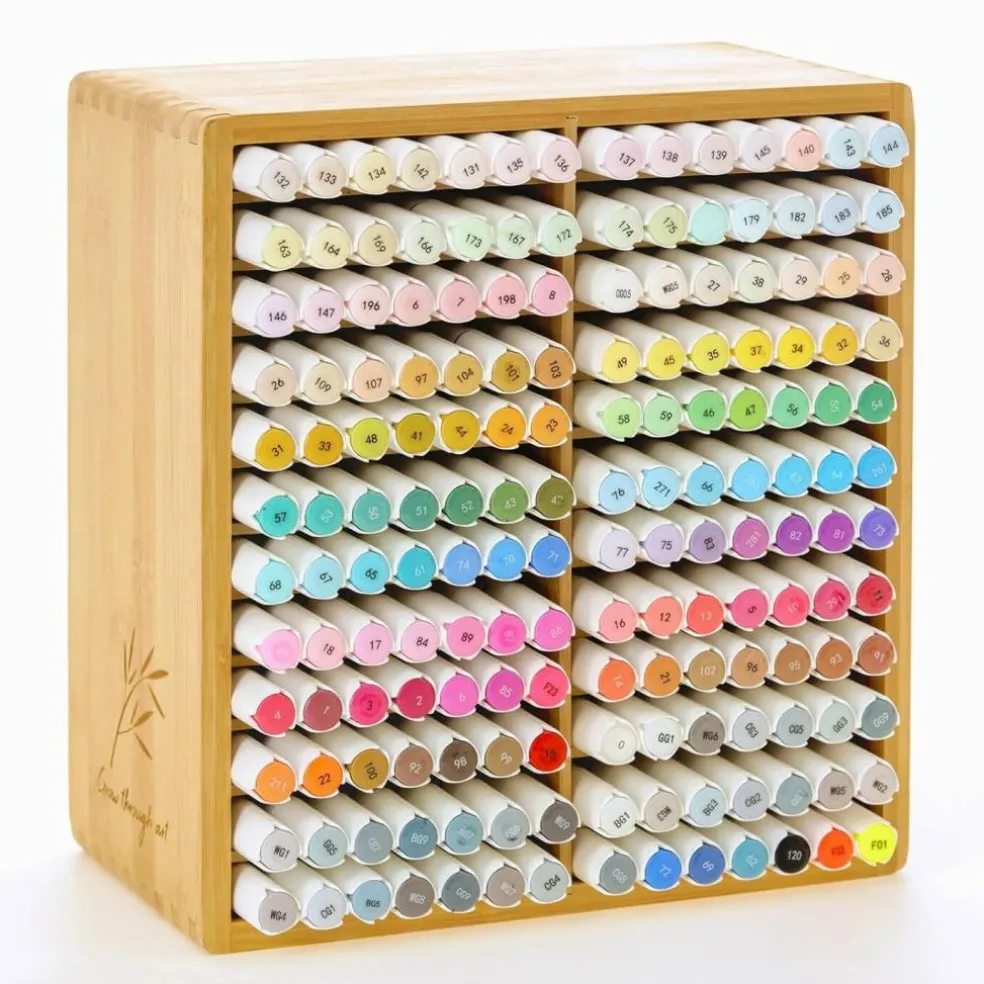 Bamboo Marker Organizer for 168 Markers – Wooden Desk Storage Rack with 24 Compartments for Alcohol Markers, Pens, Pencils & Art Brushes – Desktop Art Supply Holder for Home, Classroom & Office Organization