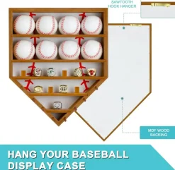 Baseball Balls Display Case with Championship Rings Medals Holder, Solid Wooden Wall Mount Baseball Box for Balls, Rings, Medals, Trophies Collection Brown