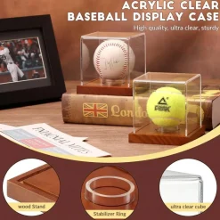 Baseball Display Case - Clear Cube Baseball Holder with Wooden Base, Autograph Stand Box for Single Ball, Acacia Wood, Brown, 1 Pack
