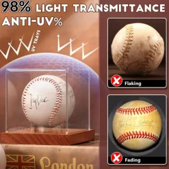 Baseball Display Case - Clear Cube Baseball Holder with Wooden Base, Autograph Stand Box for Single Ball, Acacia Wood, Brown, 1 Pack