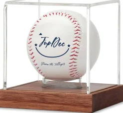 Baseball Display Case - Clear Cube Baseball Holder with Wooden Base, Autograph Stand Box for Single Ball, Acacia Wood, Brown, 1 Pack
