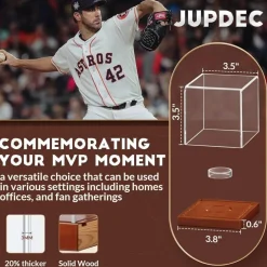 Baseball Display Case - Clear Cube Baseball Holder with Wooden Base, Autograph Stand Box for Single Ball, Acacia Wood, Brown, 1 Pack