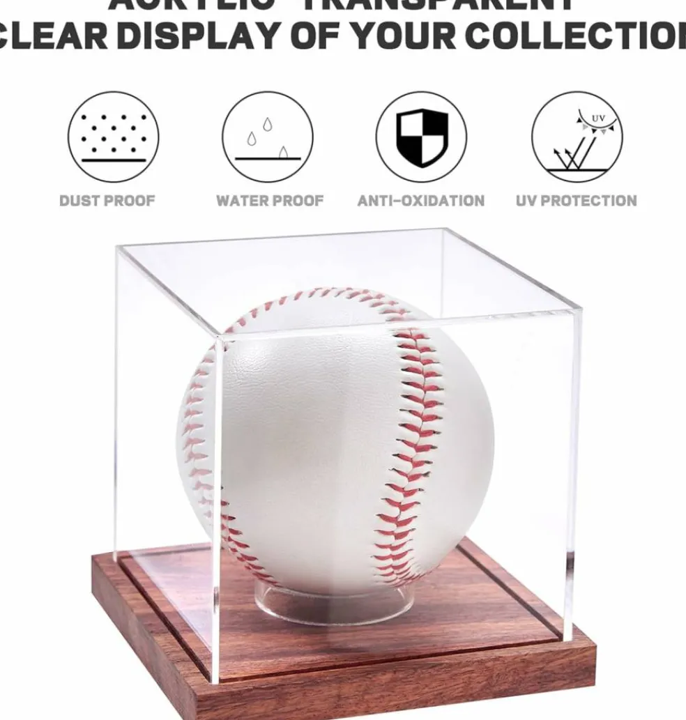 Baseball Display Case, No Assembly Required Clear Cube Tennis Ball Holder with Solid Wooden Base, Autograph Baseball Stand Box for Single Ball (1 Pack)