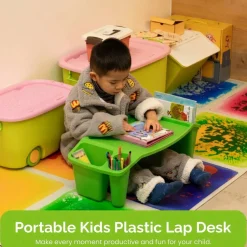 Basicwise Activity Desk Table with Built-In Cup Holder and Storage Compartments, Multipurpose Lap Tray for Home Learning, Art Activities, Snack Time, Reading, and Floor-Based Tasks with Raised-Leg Design