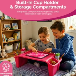 Basicwise Activity Desk Table with Built-In Cup Holder and Storage Compartments, Multipurpose Lap Tray for Home Learning, Art Activities, Snack Time, Reading, and Floor-Based Tasks with Raised-Leg Design