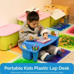 Basicwise Activity Desk Table with Built-In Cup Holder and Storage Compartments, Multipurpose Lap Tray for Home Learning, Art Activities, Snack Time, Reading, and Floor-Based Tasks with Raised-Leg Design