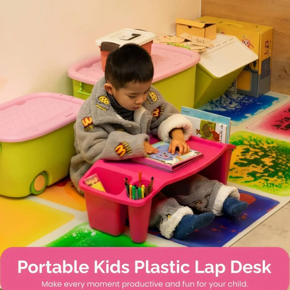 Basicwise Activity Desk Table with Built-In Cup Holder and Storage Compartments, Multipurpose Lap Tray for Home Learning, Art Activities, Snack Time, Reading, and Floor-Based Tasks with Raised-Leg Design