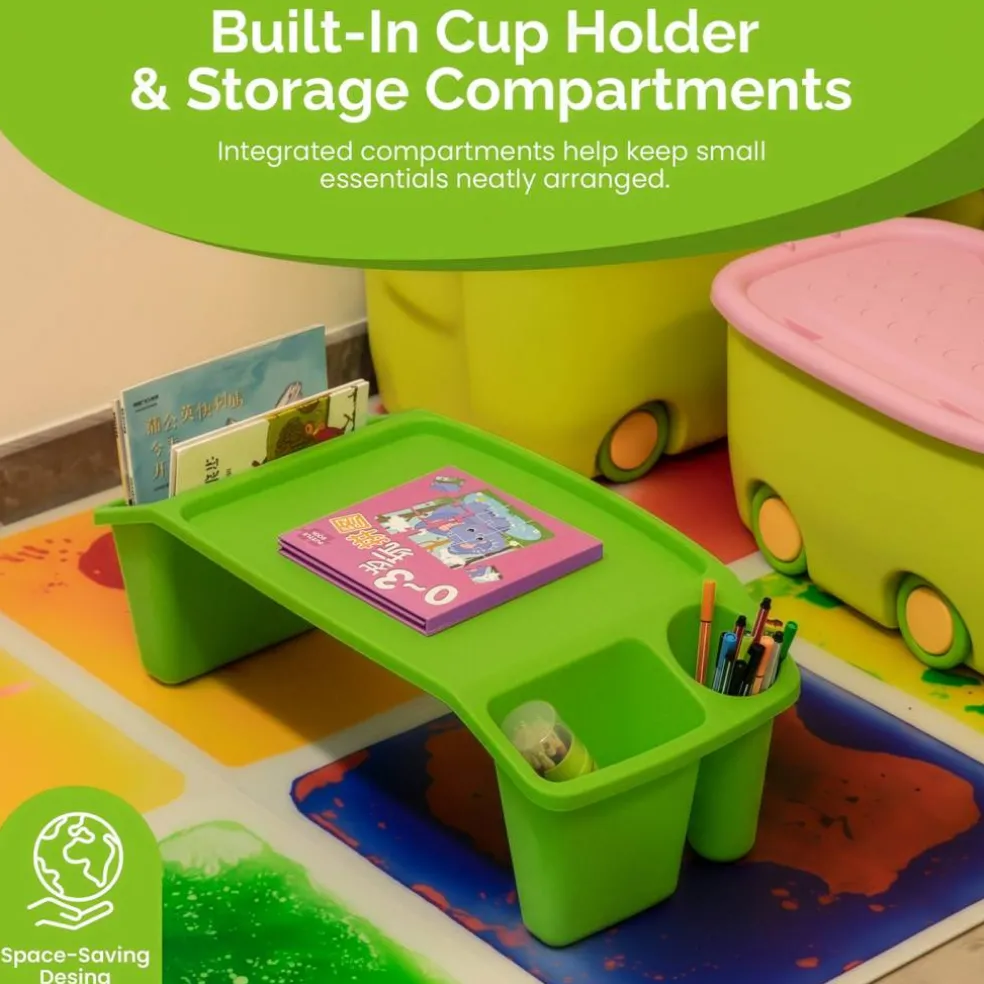 Basicwise Activity Desk Table with Built-In Cup Holder and Storage Compartments, Multipurpose Lap Tray for Home Learning, Art Activities, Snack Time, Reading, and Floor-Based Tasks with Raised-Leg Design