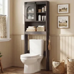 Bathroom Space Saver Storage Rack with Barn Door, Over Toilet Organizer Cabinet with Paper Roll Holder and Hanging Hooks