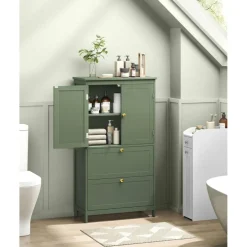 Bathroom Storage Cabinet Floor Standing 2 Drawer Organizer MDF Adjustable Shelf Anti Tip Unit for Towels Cosmetics