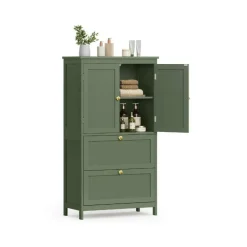 Bathroom Storage Cabinet Floor Standing 2 Drawer Organizer MDF Adjustable Shelf Anti Tip Unit for Towels Cosmetics