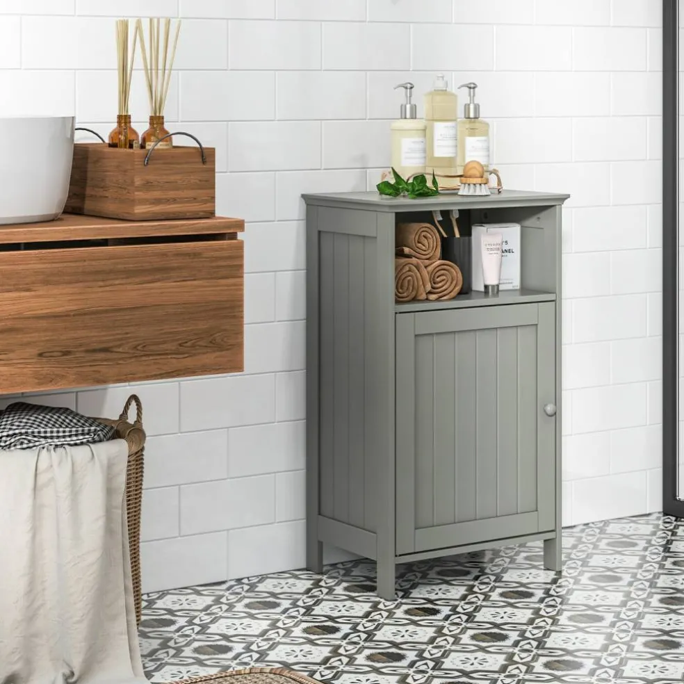 Bathroom Storage Cabinet, Freestanding Floor Cabinet with Adjustable Shelf, Open Cube and Hidden Door, MDF Organizer