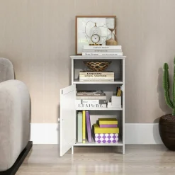 Bathroom Storage Cabinet, Freestanding Floor Cabinet with Adjustable Shelf, Open Cube and Hidden Door, MDF Organizer