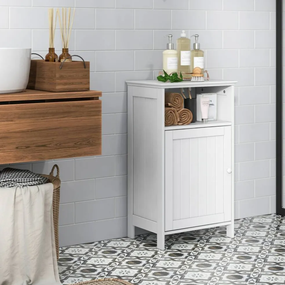 Bathroom Storage Cabinet, Freestanding Floor Cabinet with Adjustable Shelf, Open Cube and Hidden Door, MDF Organizer